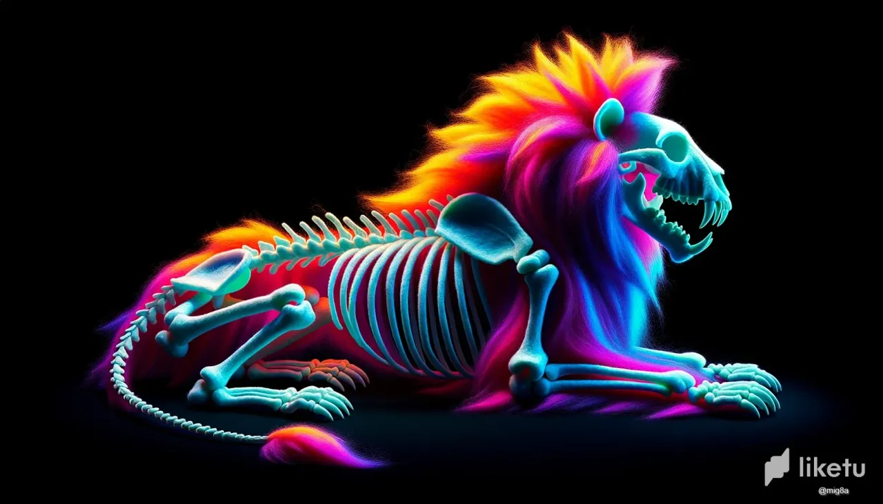 clnru5sbw06648rszgwwu2hmm_DALLE_2023-10-15_13.17.13_-_3D_rendering_of_a_skeletal_Lion_crafted_from_felt_in_vibrant_phosphorescent_and_electric_colors_positioned_against_a_deep_black_backdrop._The_felted_.webp