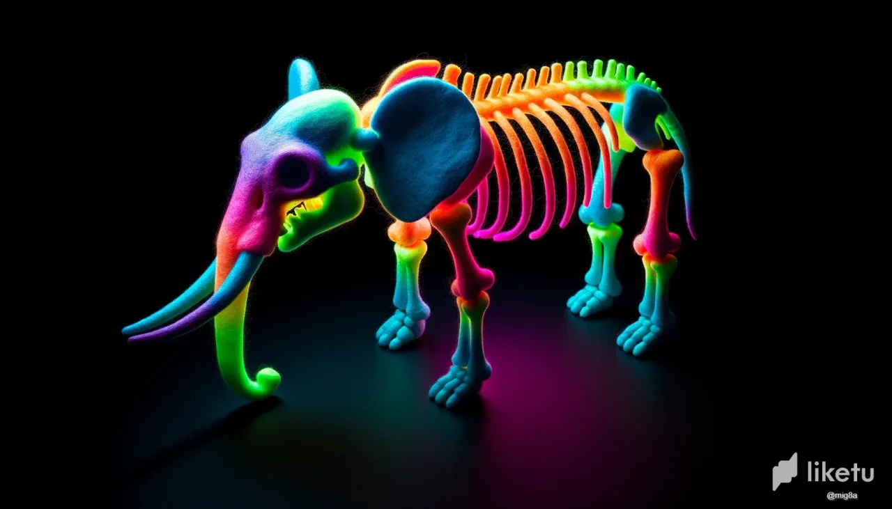 clns0c4uz0664b9sz5rneb8fq_DALLE_2023-10-15_13.17.19_-_3D_rendering_of_a_skeletal_Elephant_crafted_from_felt_in_vibrant_phosphorescent_and_electric_colors_positioned_against_a_deep_black_backdrop._The_fel.webp