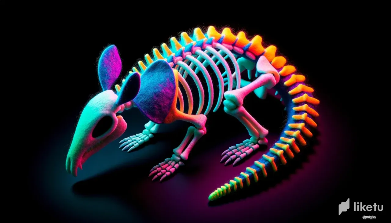 clns19qn3068r20sz103s7ovf_DALLE_2023-10-15_13.17.26_-_3D_rendering_of_a_skeletal_Armadillo_crafted_from_felt_in_vibrant_phosphorescent_and_electric_colors_positioned_against_a_deep_black_backdrop._The_fe.webp