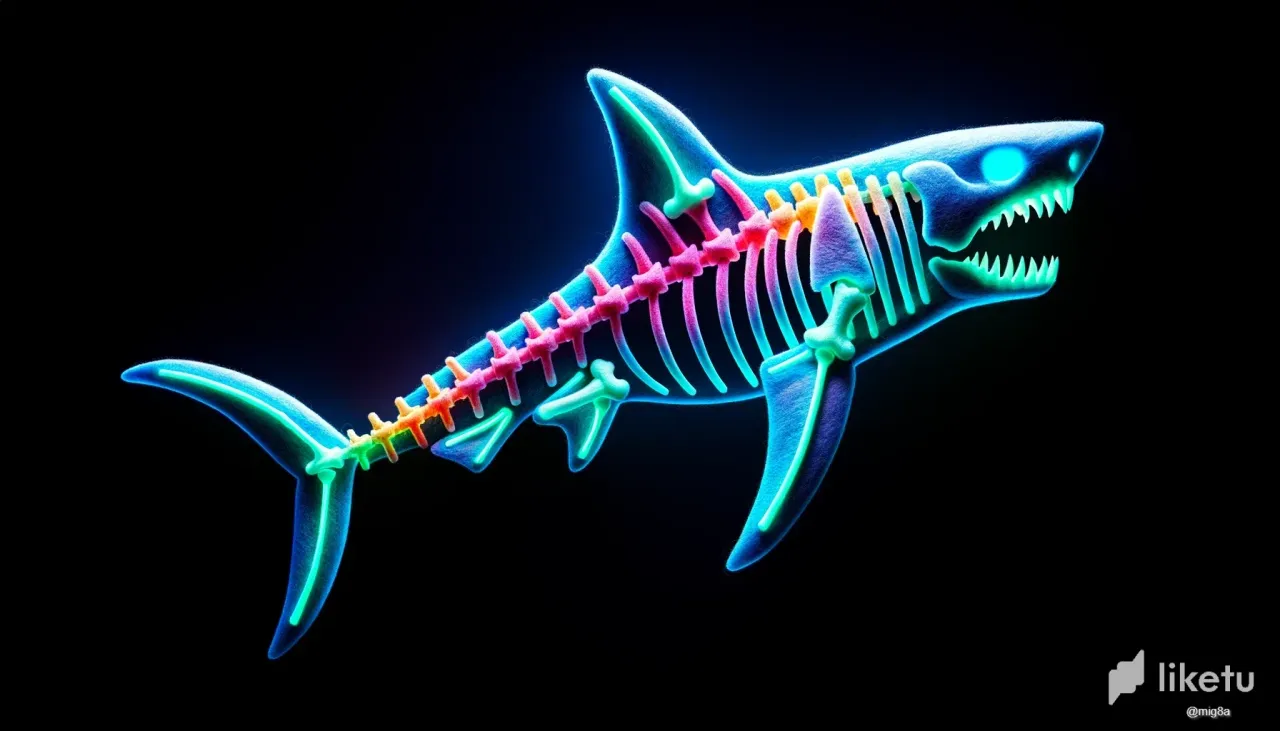 clns25um606b19dsz2s4o8ii5_DALLE_2023-10-15_13.17.11_-_3D_rendering_of_a_skeletal_Great_White_Shark_crafted_from_felt_in_vibrant_phosphorescent_and_electric_colors_positioned_against_a_deep_black_backdrop.webp