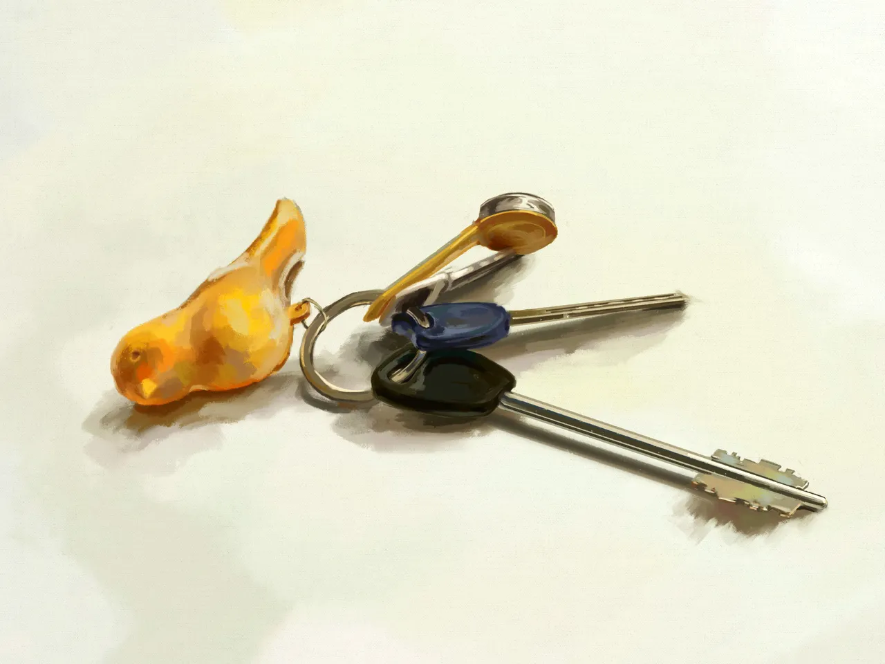 Bunch of keys with yellow bird trinket on white.jpg