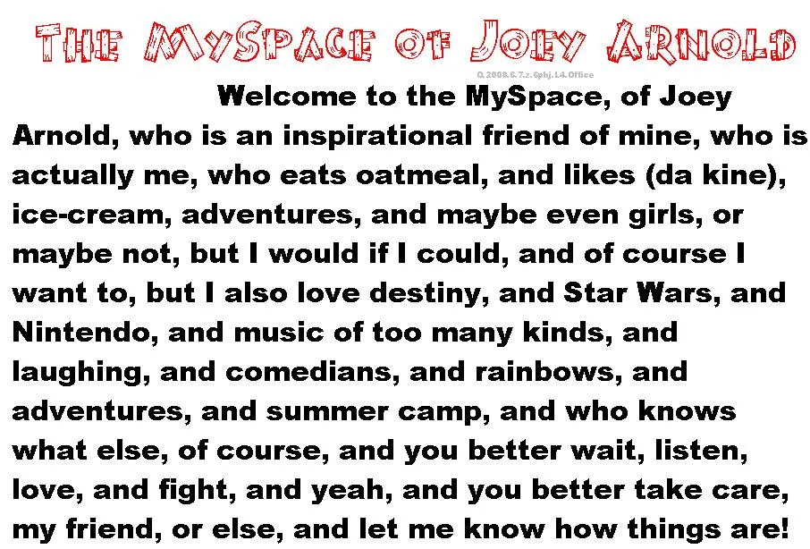 BANNER.WELCOME.INTRO. MySpace of Joey Arnold Welcome Mat.JPG