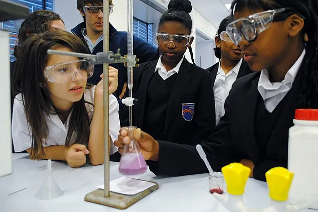 A titration is demonstrated to secondary school students.