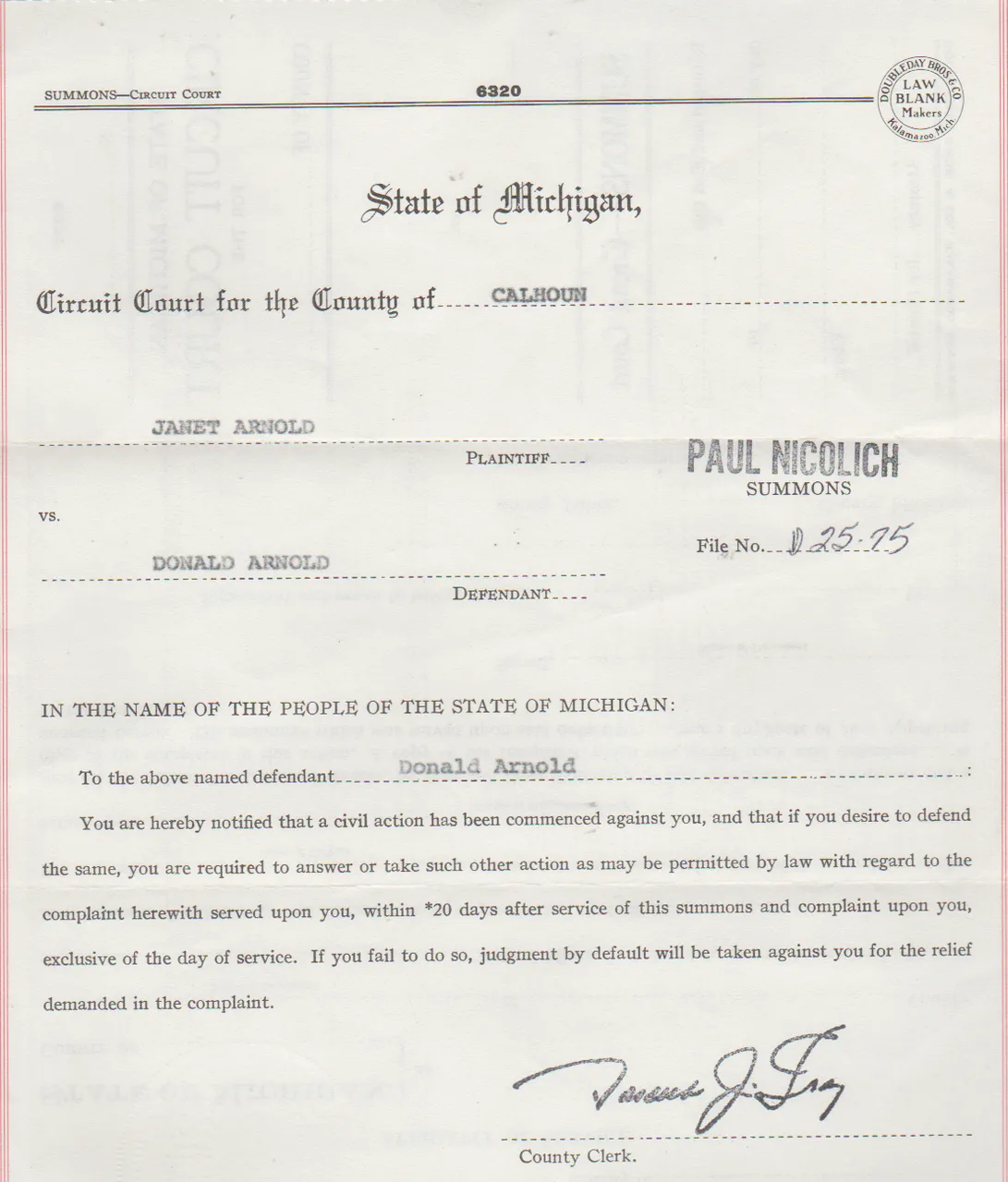 1978-02-10 - Friday - Don Arnold, Janet Arnold - Michigan Circuit Court, marriage, possibly a divorce, affidavit of service-1.png