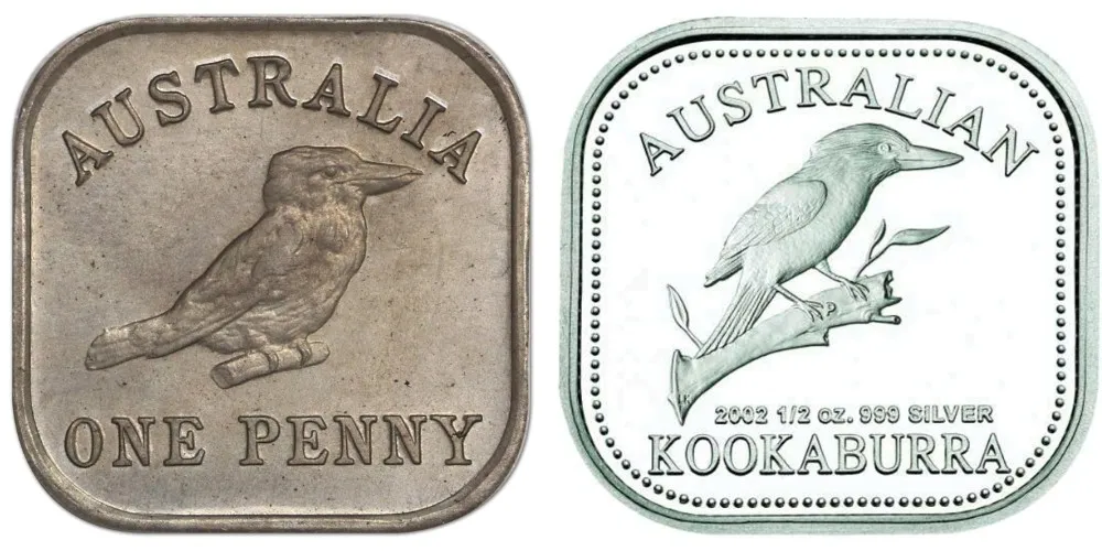 Australia 1921 Square Penny Trial UNC and 2002 1/2oz Silver Proof Australian Kookaburra
