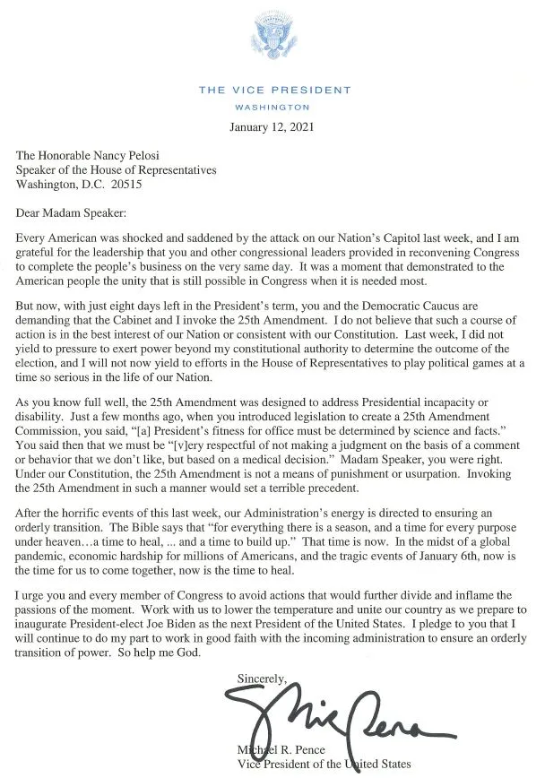 Vice President Pence's Letter to Speaker Pelosi - Jan 12, 2020