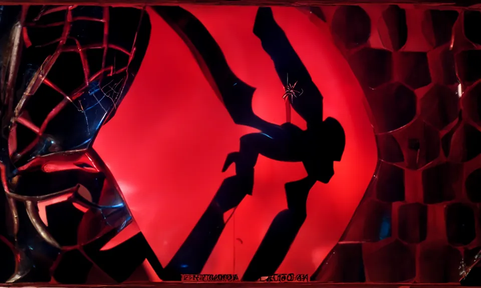 an art deco sculpture of Spiderman made of plastic by Victor Meirelles lens flare