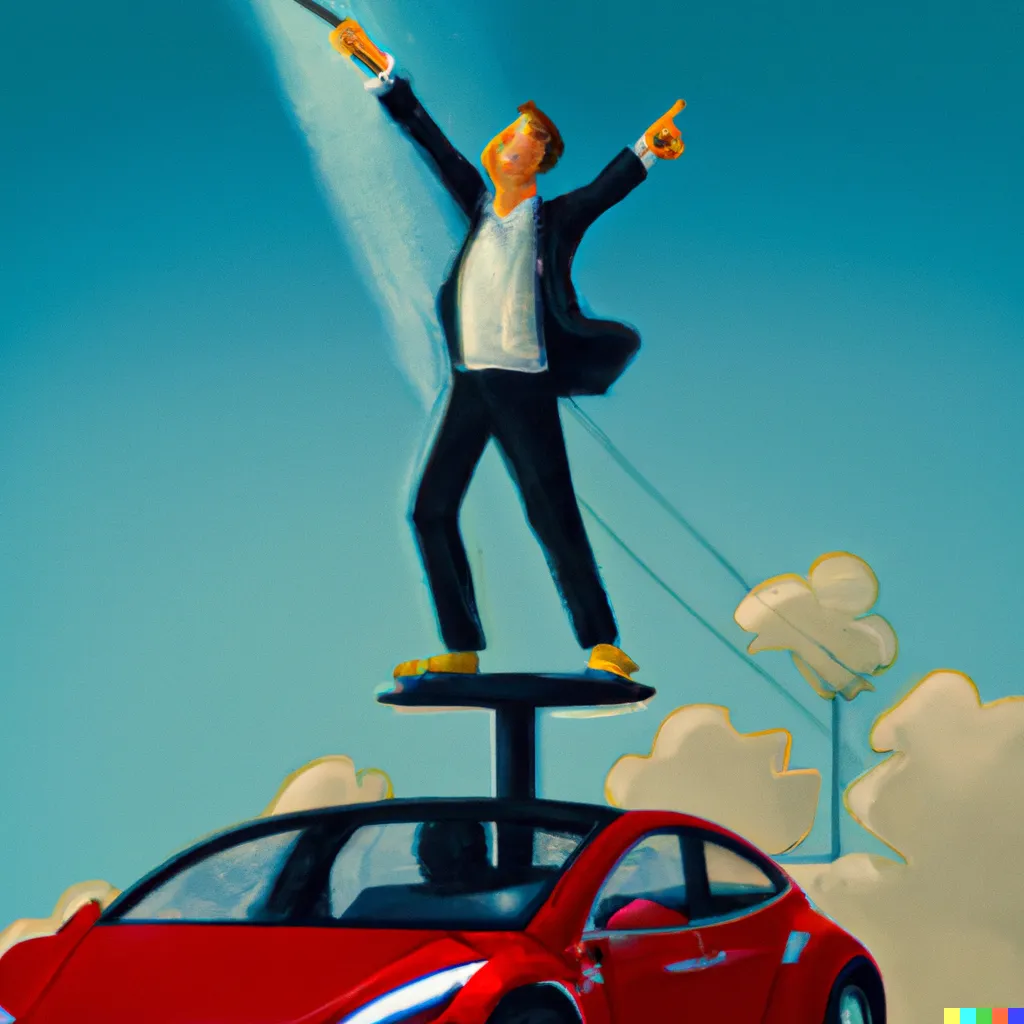 DALL·E 2022-11-05 07.28.31 - The CEO of Tesla standing on top of a tesla electric vehicle with a loudspeaker as it rains money, digital art.png