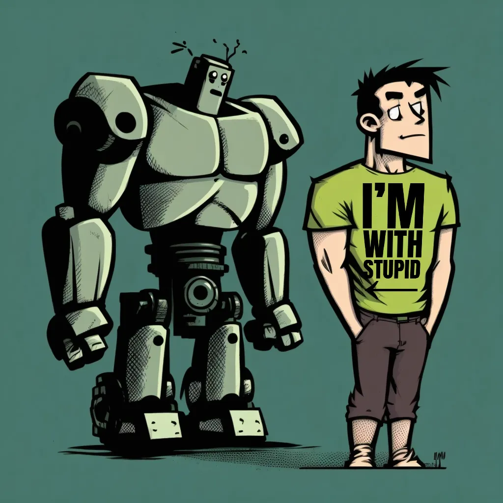 AI Generated artwork of a man standing next to a robot, the man is wearing a T-Shirt with the words "I'm With Stupid" - generated with MidJourney AI and edited with Photoshop