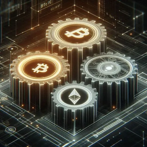 A sleek, holographic blueprint of a complex financial machine, with glowing gears labeled 'BTC' and .jpeg