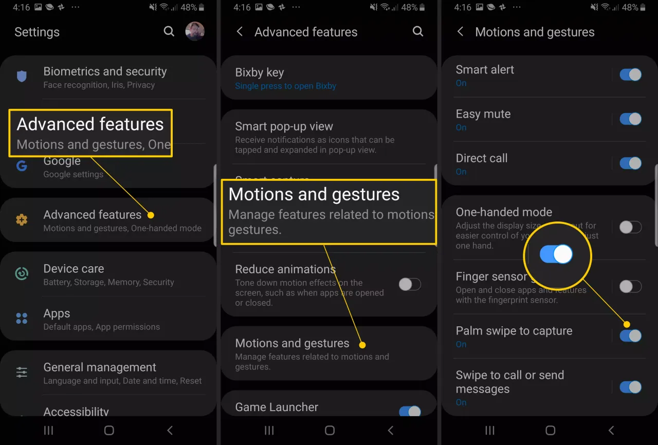 Advanced features, Motions and gestures, and Palm swipe to capture toggle ON in Samsung settings