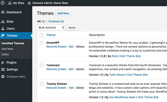 Installed themes on your WordPress multisite network