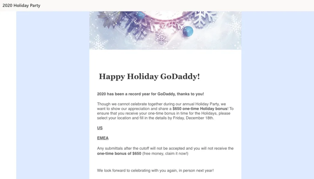 GoDaddy phishing test email message