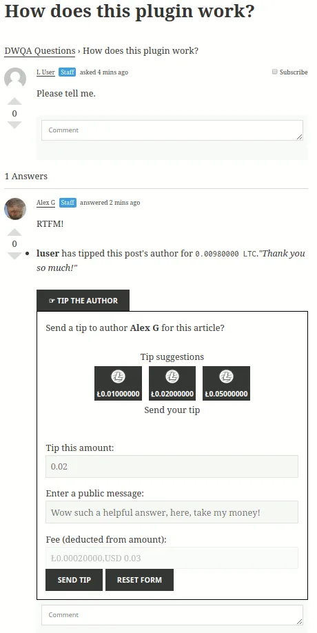 The Tip the Author extension for Bitcoin and Altcoin Wallets with DW Question & Answer integration