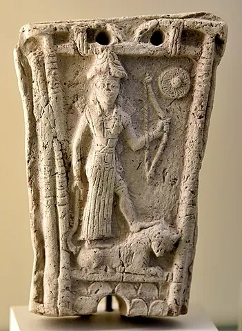 Terracotta plaque showing the Goddess Ishtar standing on a lion. From Iraq. 18th-17th century BCE. Pergamon Museum - Osama Shukir Muhammed Amin FRCP(Glasg), CC BY-SA 4.0, via Wikimedia Commons