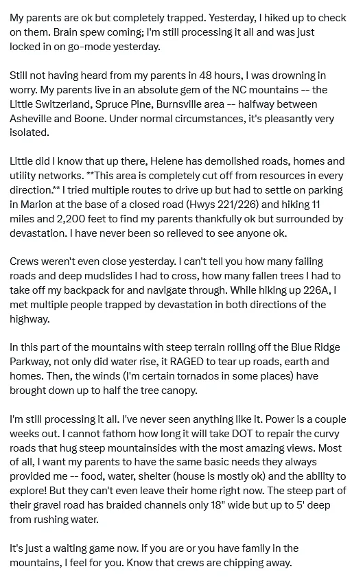 Screenshot 2024-10-07 at 20-23-33 (3) Allen Mashburn on X 🚨🚨🚨🚨👇👇👇👇 This gentleman hiked 11 miles to check on his parents— read his story of what all he saw. —- My parents are ok but completely trapped. Yesterday I hik[...].png