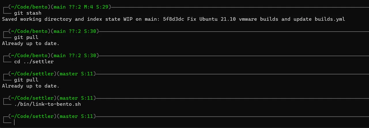 Commands to stash any changes and pull fresh copies of bento and settler repositories