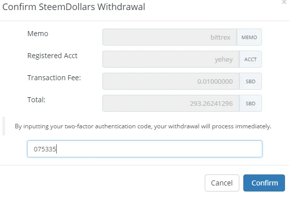 QUE.com.Bittrex.Buy.STEEM.SBD.withdraw.twofactorauthentication.confirmation