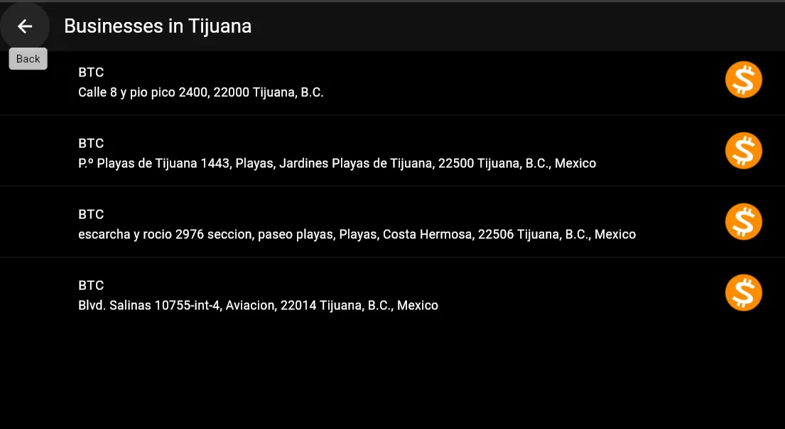 sample screenshot for list of businesses accepting BTC / SATS