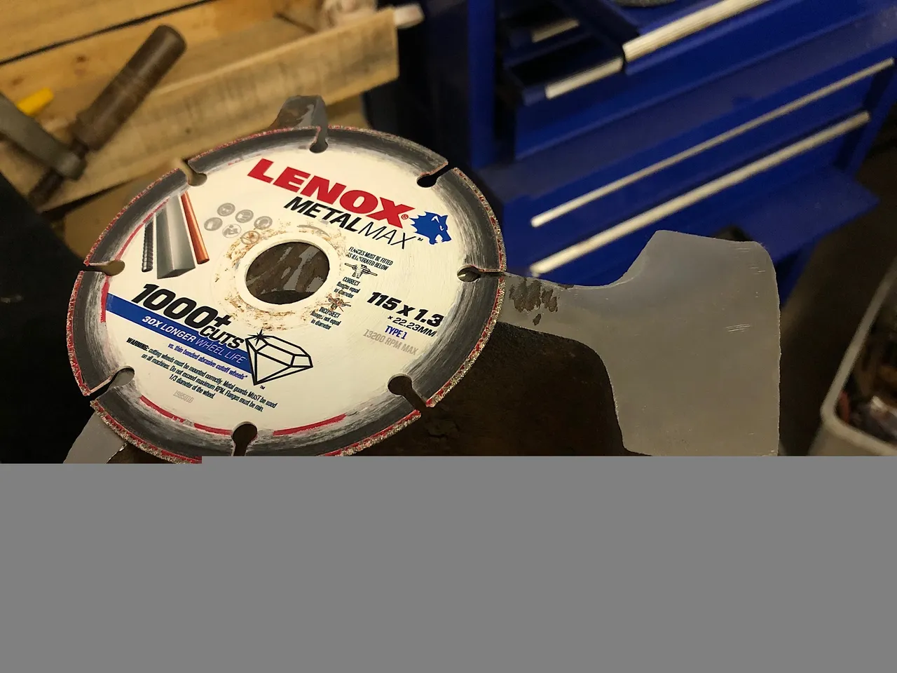 Crane rail cut with a Lenox MetalMax cutting disc