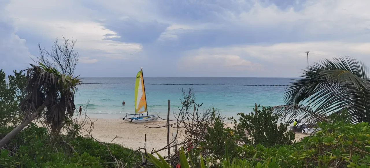 One of 4 catamarans from on top of a small hill. The water is truly like this!