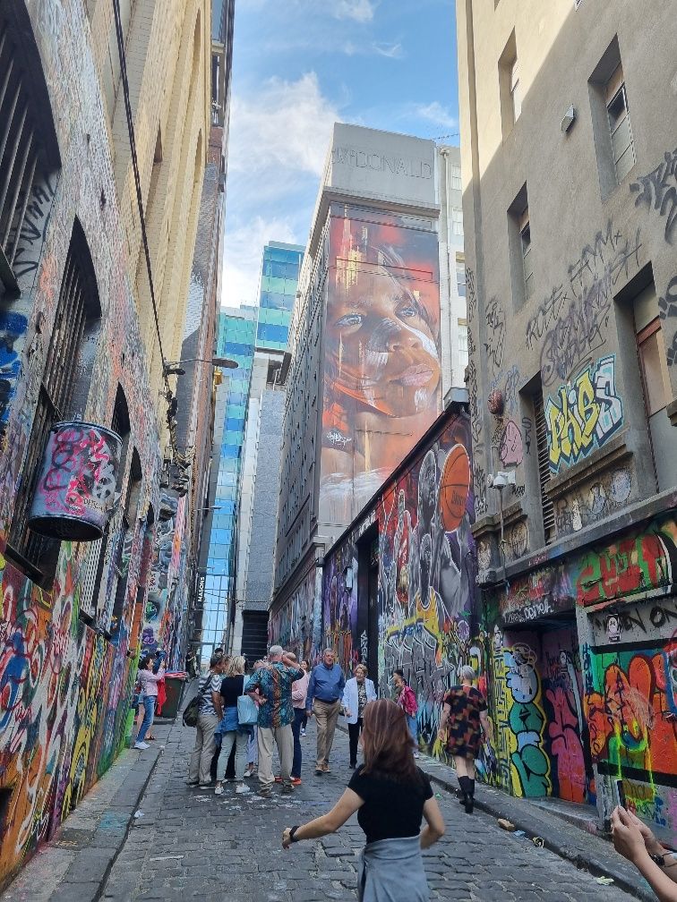 Hosier Lane probably Melbourne’s most famous street art lane way. It was a little disappointing this time. Stuff constantly gets painted over and looked very messy, other than the great Aboriginal mural up high.