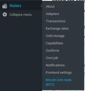 Bitcoin code node adapter in wallets menu