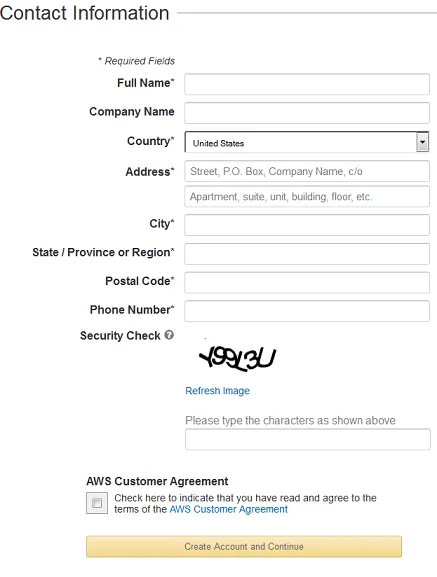 the aws signup console page