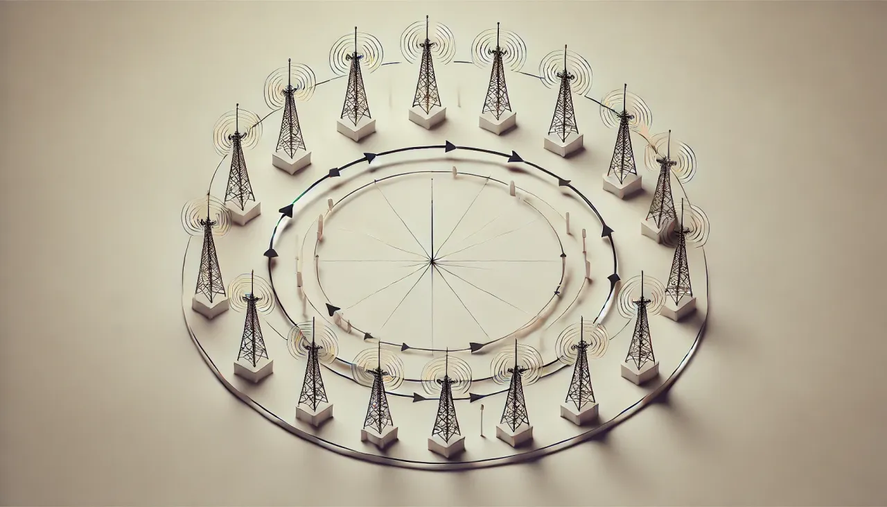"DALL·E 2025-02-18 19.38.19 - A minimalistic schematic diagram showing only radio masts arranged in a perfect circle, transmitting information between them in a continuous loop. Ar.webp"