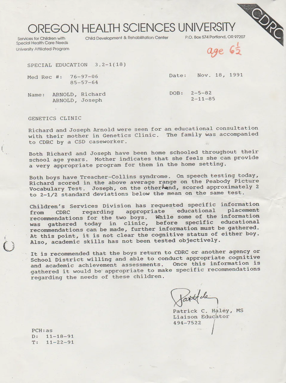 1991-11-18 - Monday - Evaluation of Joey Arnold by some MDs - Oregon Health Sciences University, Portland, OR - Patrick C Haley Letter, one pageff.png