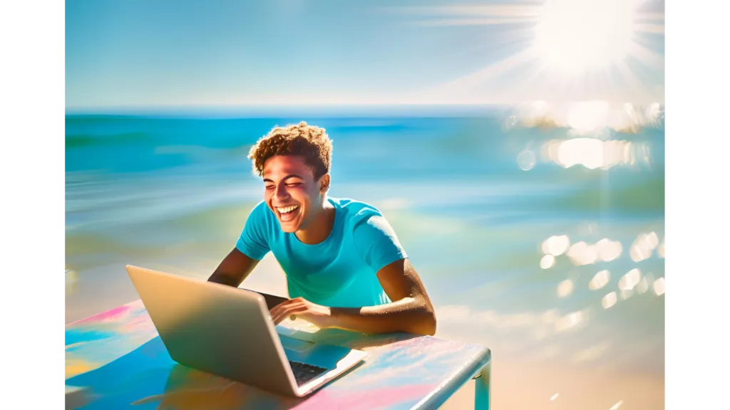 a college guy student on a beach swimming, his laptop is shown in a table