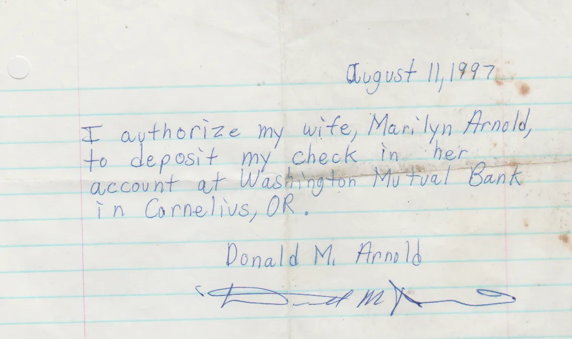 1997-08-11 - Monday - Don & Marilyn Arnold Bank Check Deposit Authorization, husband for wife, Cornelius, OR, signature.png