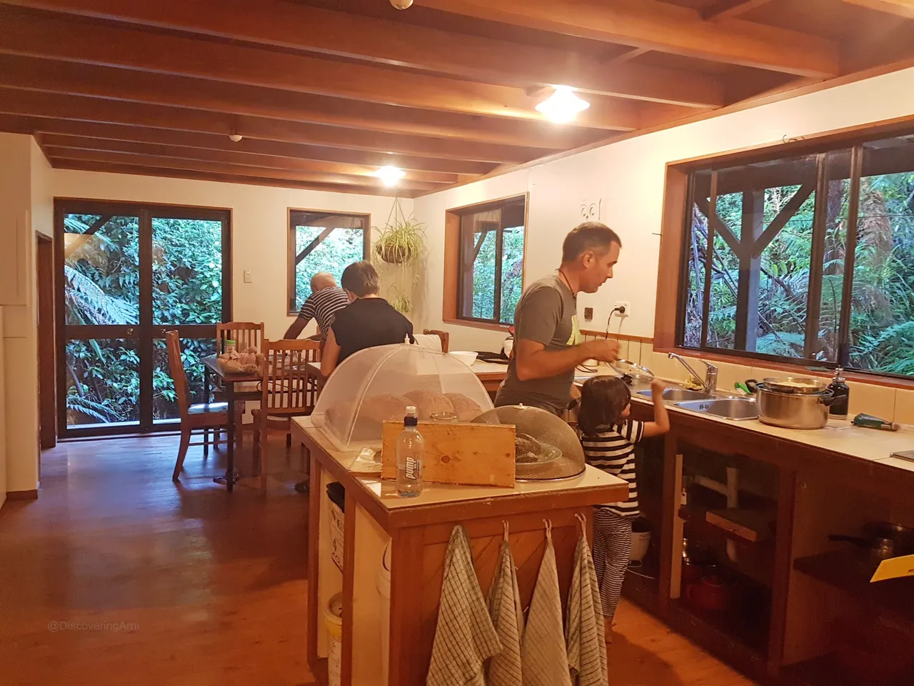 Preparing our pasta dinner in the shared kitchen