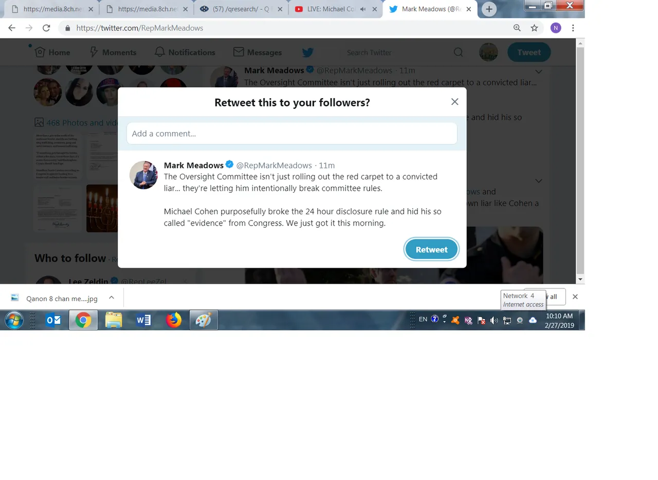 Qanon twitter Mark Meadows Cohen broke committe rules oversight testimony 2 27 2019.png