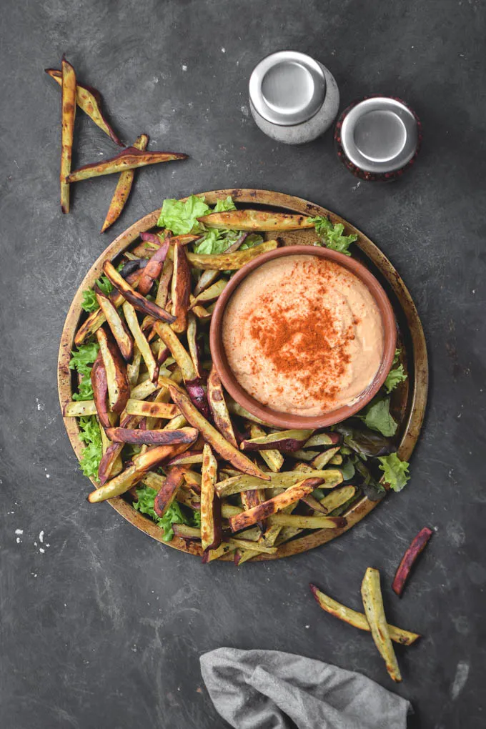 Baked Yam Fries with Sriracha Hummus (Vegan + GF)..jpg