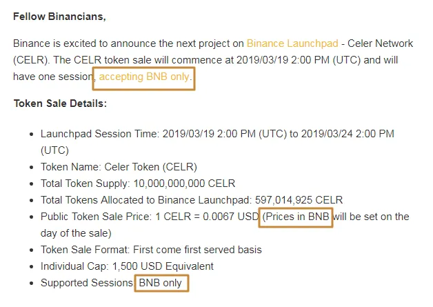 Binance using only BNB for launchpad ieo