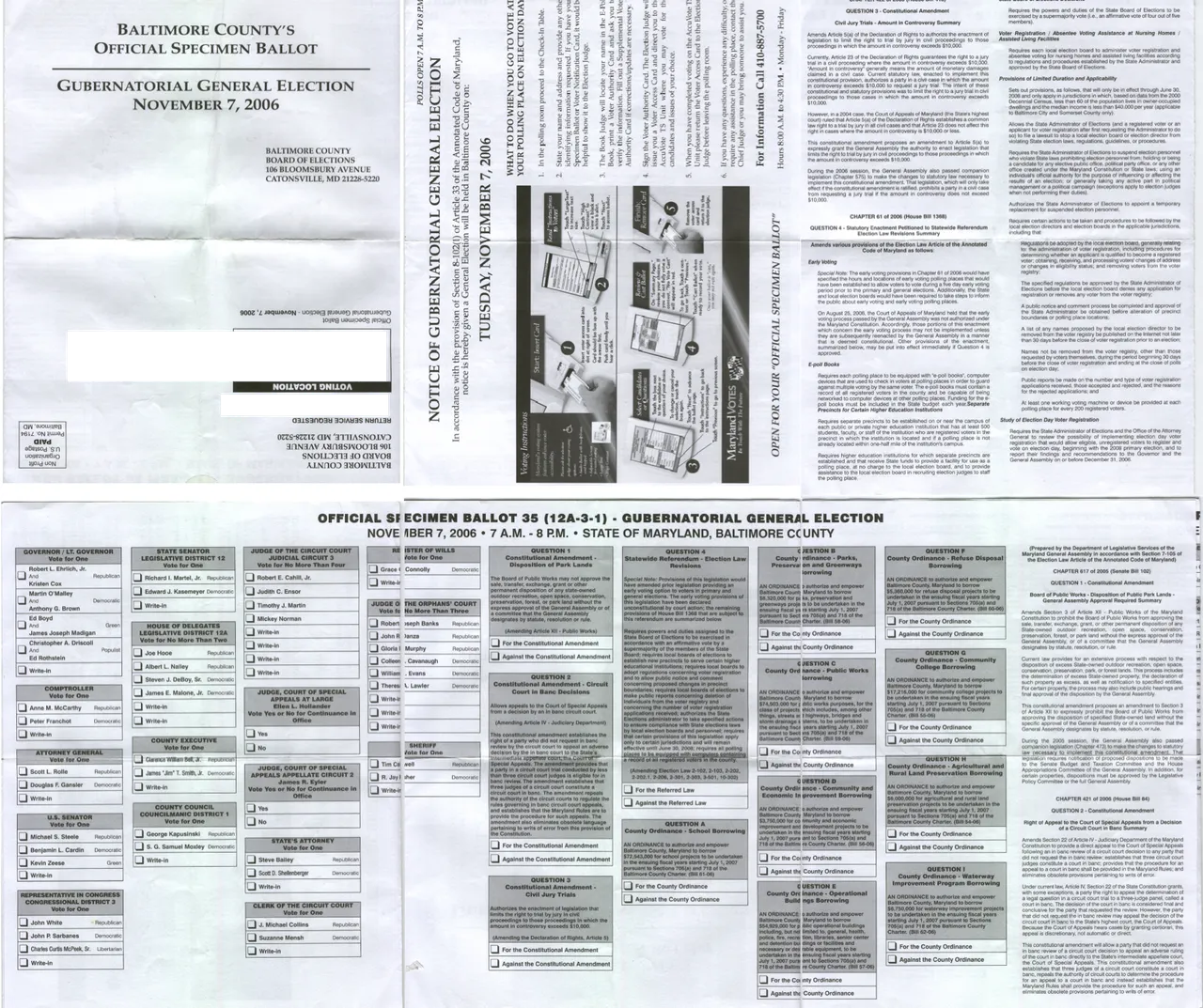 Ballot for 2006 Election in Baltimore County, MD