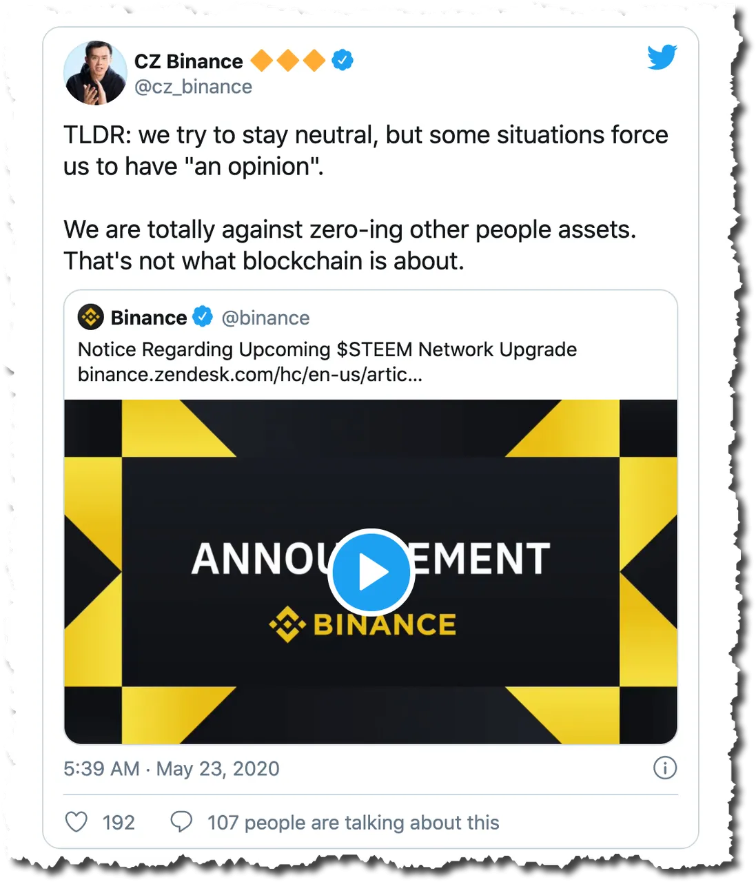 CZ Binance talking about Steem HF23.png