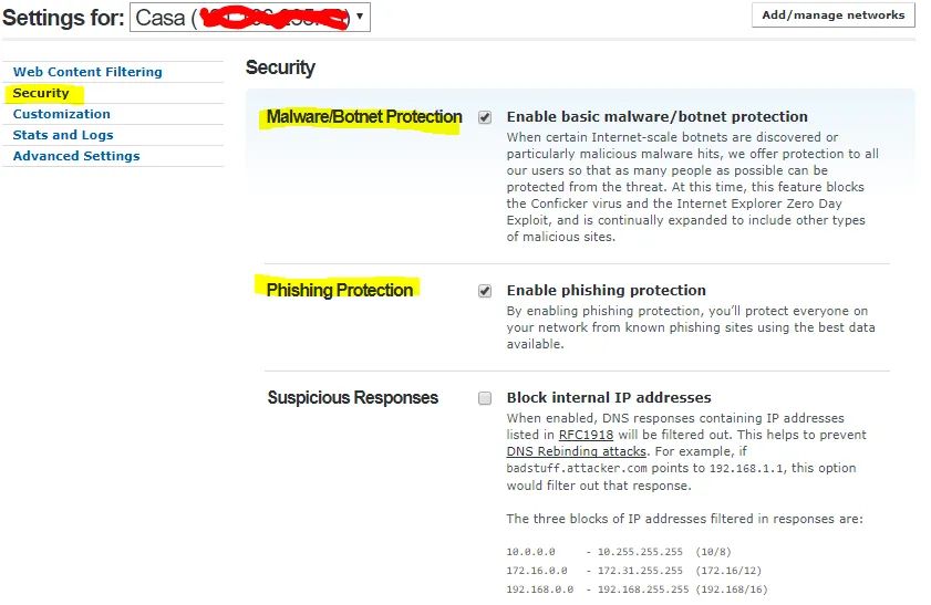 La pestaña security de OpenDNS, bloquear botnets y phising en tu casa muy facilmente