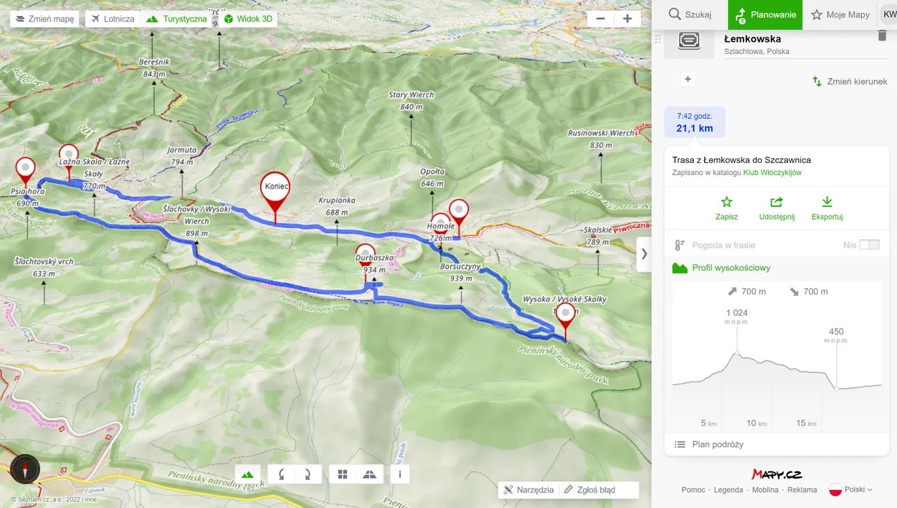 Trasa wycieczki (mapy.cz) - 21km, 700m podejść