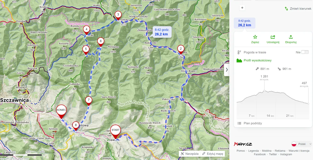 Trasa wycieczki (26,2km, 891m podejść)