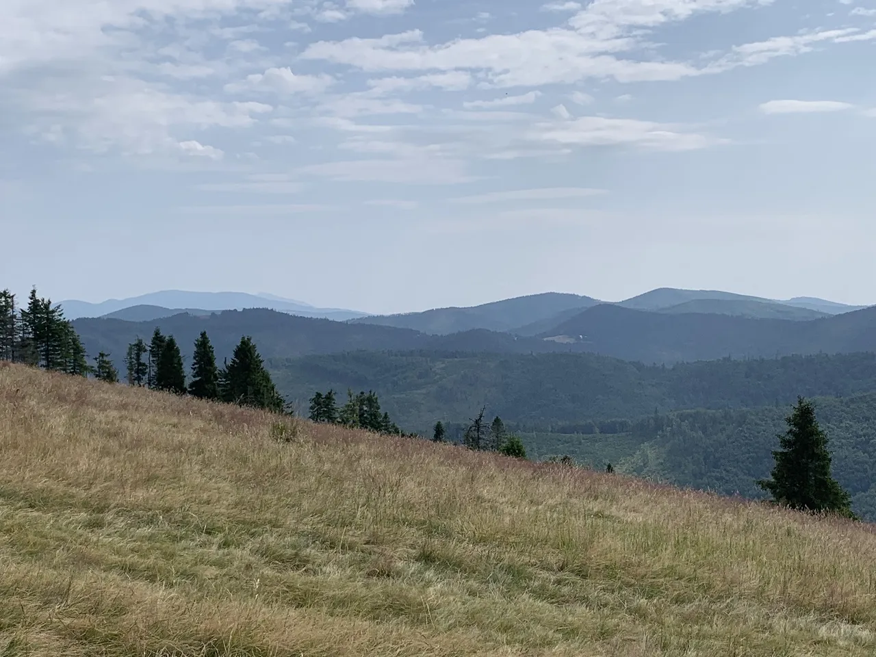 Widok z szlaku Wielka Racza - przeł. Przegibek. Ta ostatnia to wyraźna polana pod ciemną, stożkową górą (Bania) w centrum zdjęcia