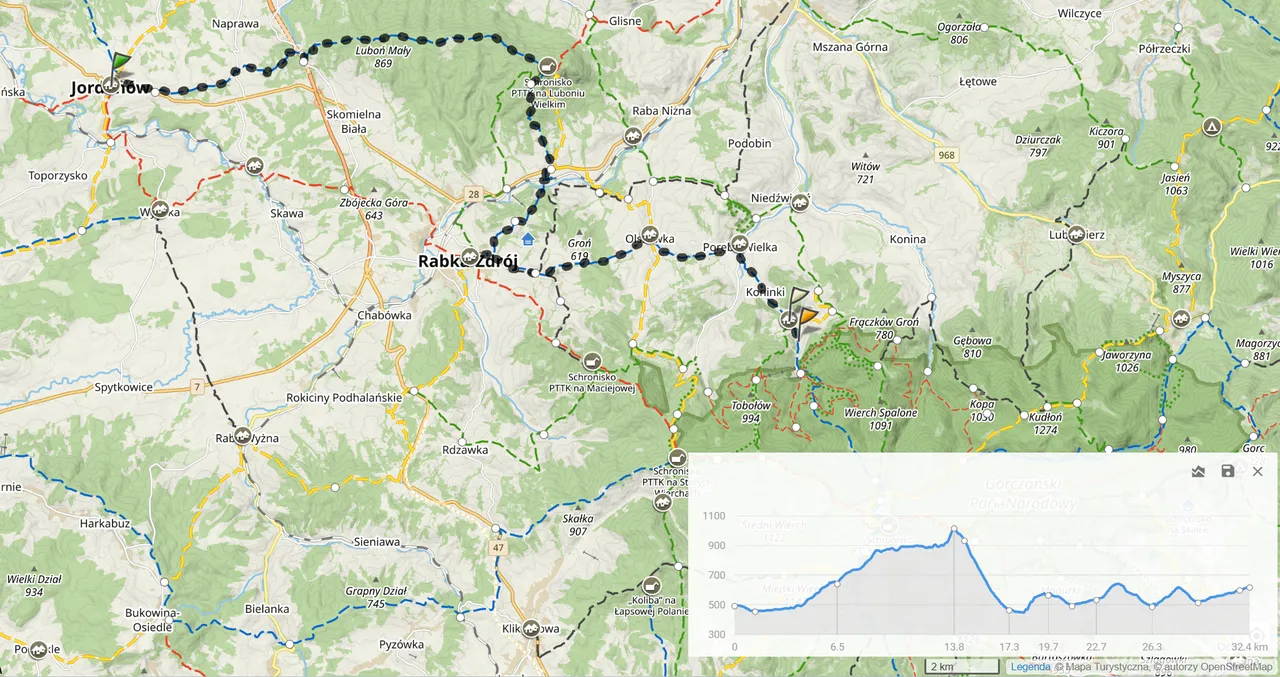 Niebieski szlak Brzeźnica - Kacwin, dzień 3: Jordanów - Koninki. (32,4km, 1161m sumy podejść)