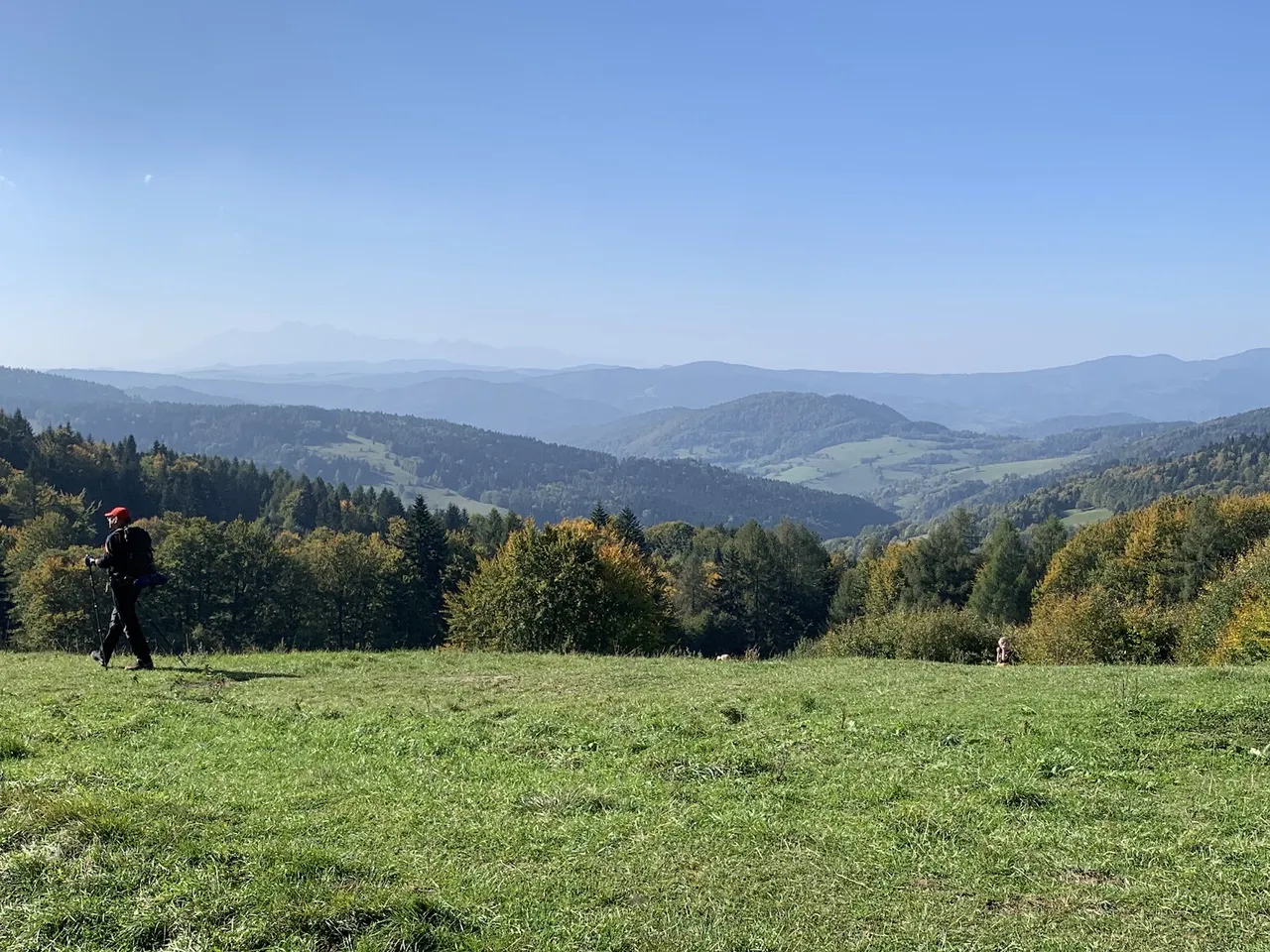 Widok spod Bacówki nad Wierchomlą. Po lewej, w dali - Tatry. Pasmo po prawej na trzecim planie to grzbiet Wysoka - Eliaszówka.