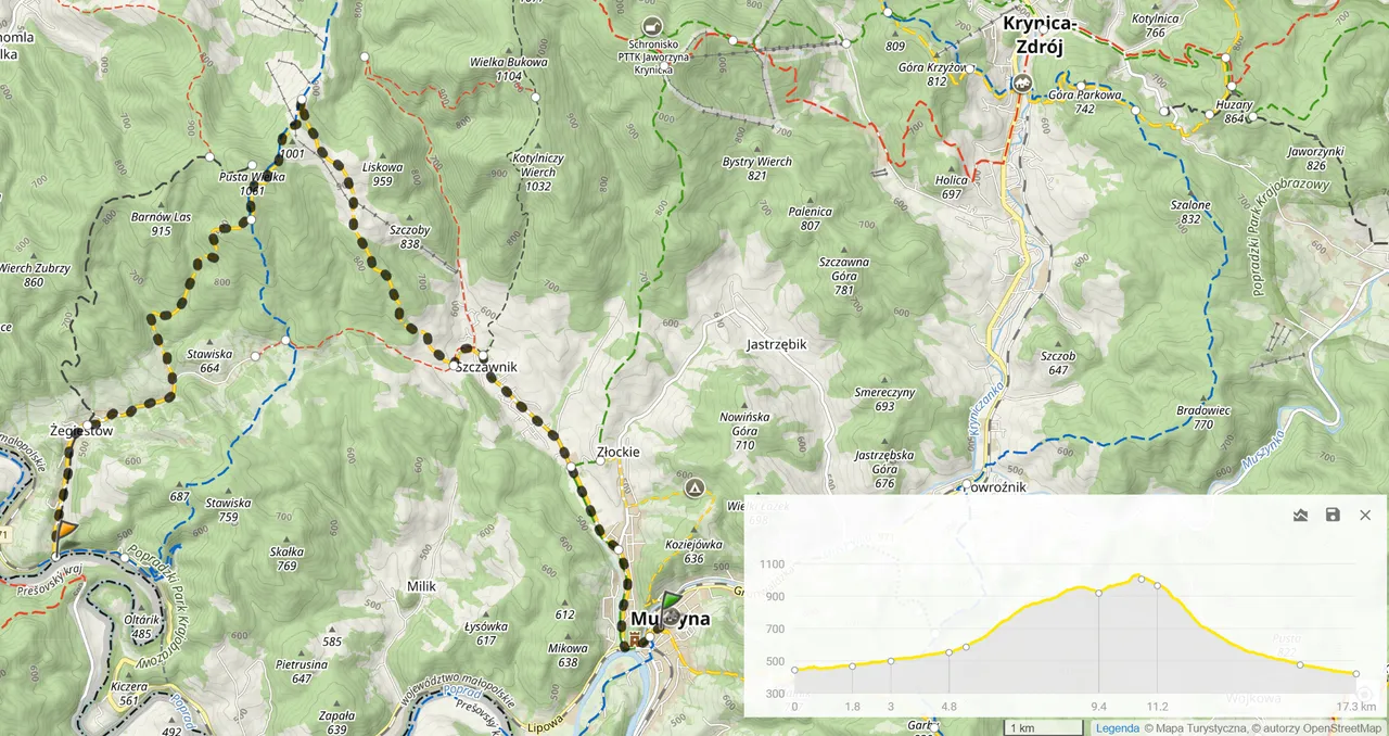 Żółty szlak Muszynka - Żegiestów, dzień 2 (17,4km, 646m podejść)