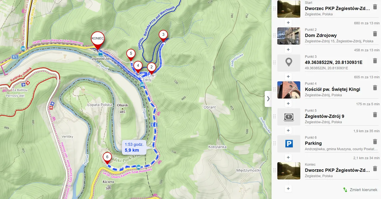 Trasa spaceru ”Żegiestów - perełka w dolinie Popradu” (ok 6km, 170m podejść, większość chodnikiem)