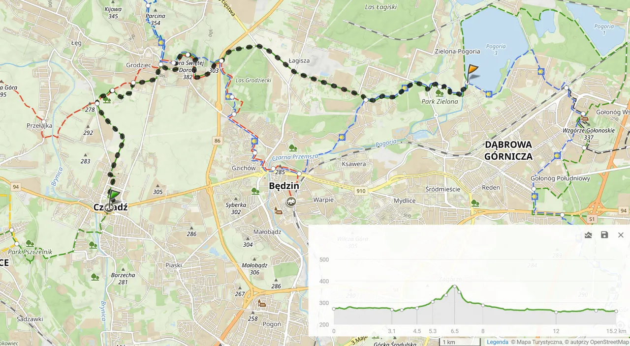 Zielony szlak 25-lecia PTTK, odcinek 2 ”Czeladź Rynek - Pogoria III” (15,2km, 163m podejść)