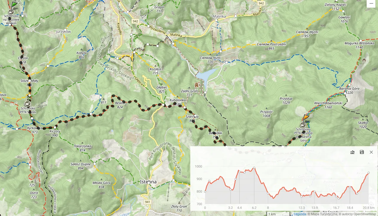 Główny Szlak Beskidzki 2024 - Dzień 2: ”Soszów - Przysłop pod Baranią Górą” (20,8km i 865m podejść). Nocleg: Schronisko PTTK na Przysłupiu