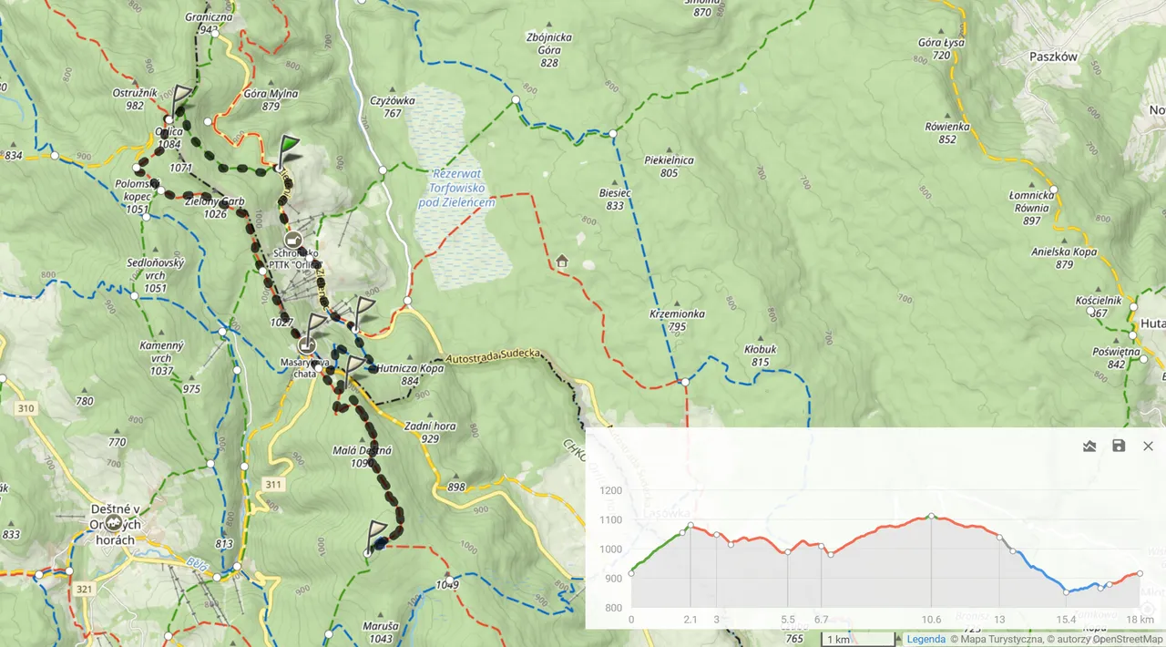 Trasa 1 (Orlica i Velká Deštná). 18km i 461m podejść.